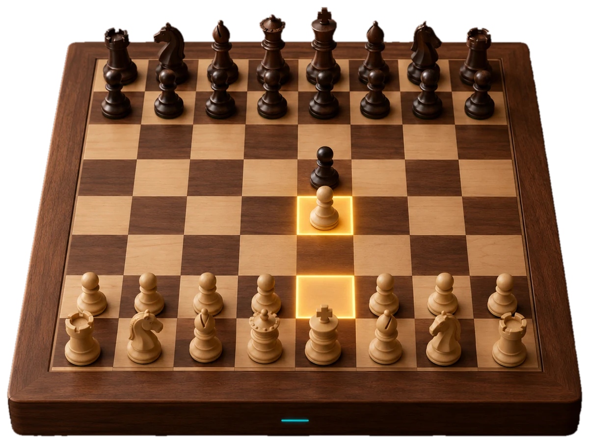 The ChessNexus electronic chessboard with the e2 and e4 squares lit up