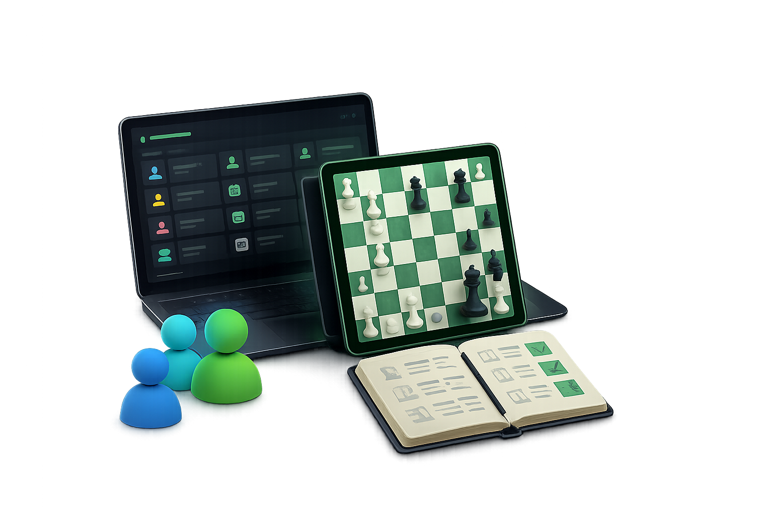 ChessNexus coach workspace on laptop and tablet with a class notebook